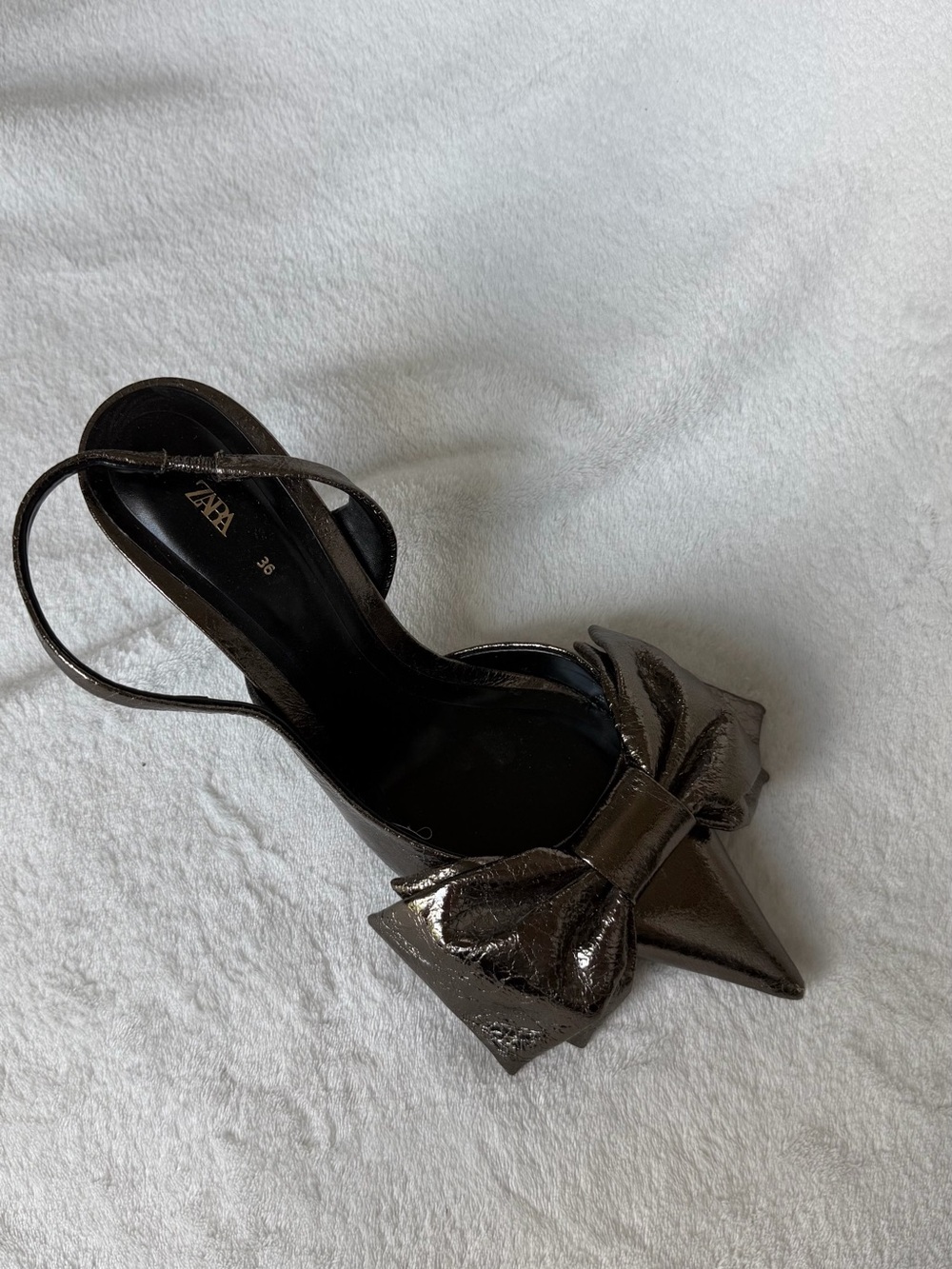ZARA Black Patent Pointed Toe Slingback Heels with Bow Metallic